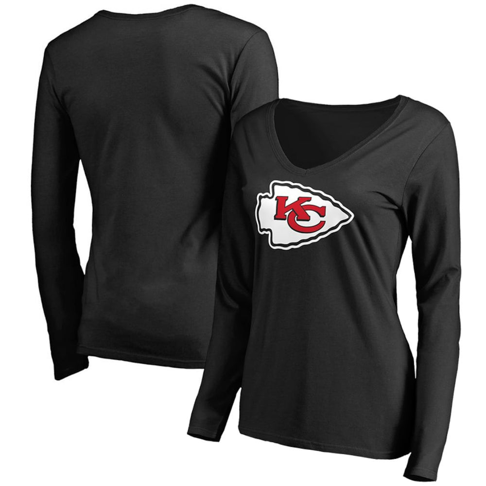 Kansas City Chiefs Women's Primary Team Logo V-Neck Long Sleeve T-Shirt - Black T-shirts