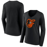 Baltimore Orioles Women's Team Color Primary Logo V-Neck Long Sleeve T-Shirt - Black T-shirts