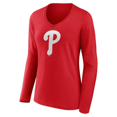 Philadelphia Phillies Women's Team Color Primary Logo V-Neck Long Sleeve T-Shirt - Red T-shirts