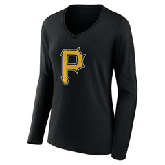 Pittsburgh Pirates Women's Team Color Primary Logo V-Neck Long Sleeve T-Shirt - Black T-shirts