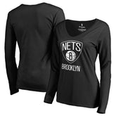 Brooklyn Nets Women's Primary Logo V-Neck Long Sleeve T-Shirt Black outlet