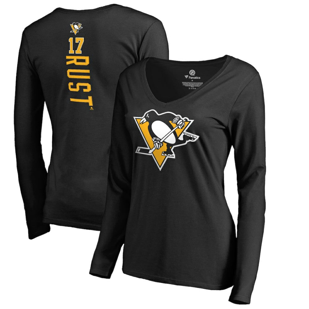 Bryan Rust Pittsburgh Penguins Women's Backer Name & Number Long Sleeve V-Neck T-Shirt - Black | US 2842760