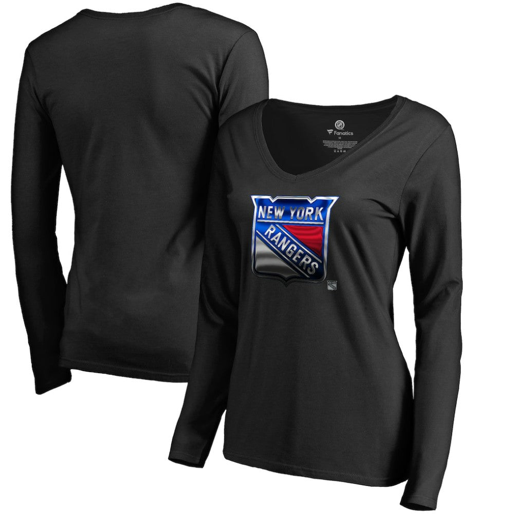 New York Rangers Women's Midnight Mascot Long Sleeve V-Neck T-Shirt - Black | US 2874653