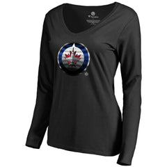 Winnipeg Jets Women's Midnight Mascot Long Sleeve V-Neck T-Shirt - Black | US 2874664