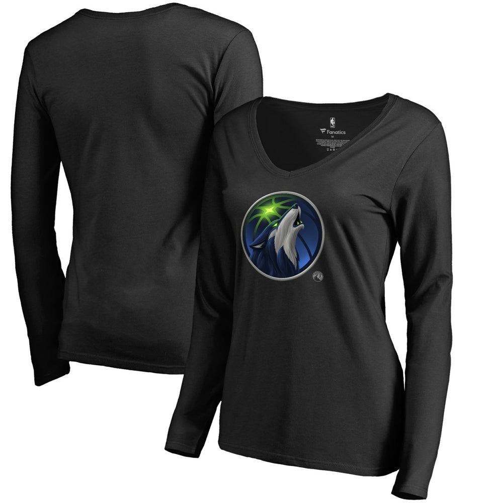 Minnesota Timberwolves Women's Midnight Mascot Long Sleeve V-Neck T-Shirt Black outlet