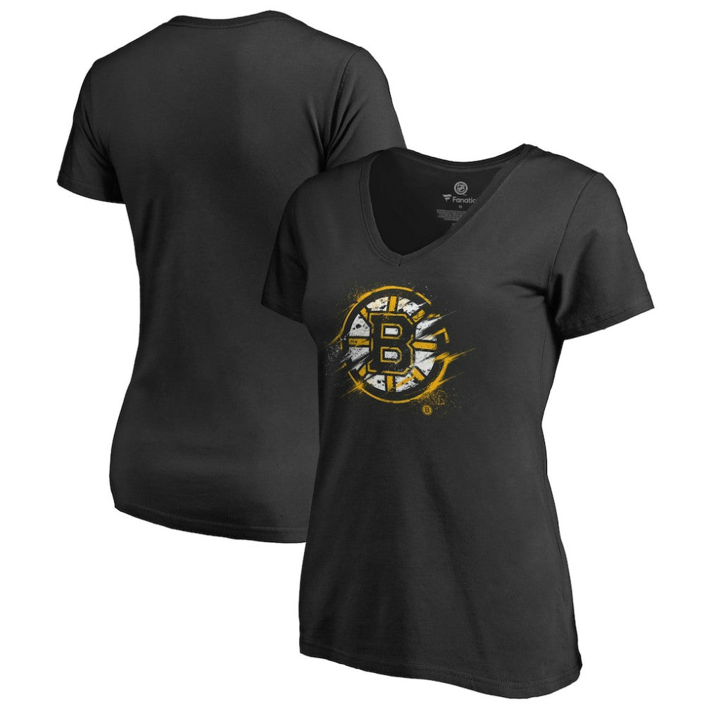 Boston Bruins Women's Splatter Logo V-Neck T-Shirt - Black | US 2902300