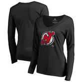 New Jersey Devils Women's Splatter Logo V-Neck Long Sleeve T-Shirt - Black | US 2902346