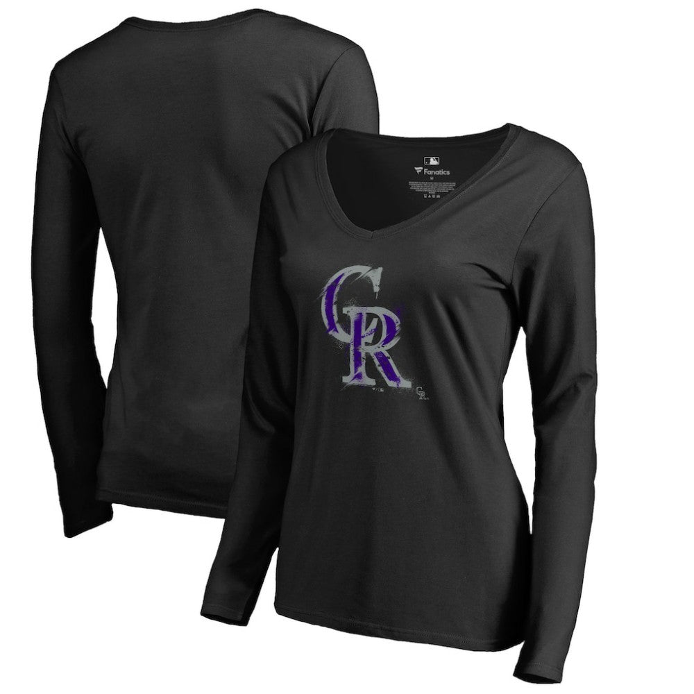 Colorado Rockies Women's Splatter Logo Long Sleeve V-Neck T-Shirt - Black T-shirts