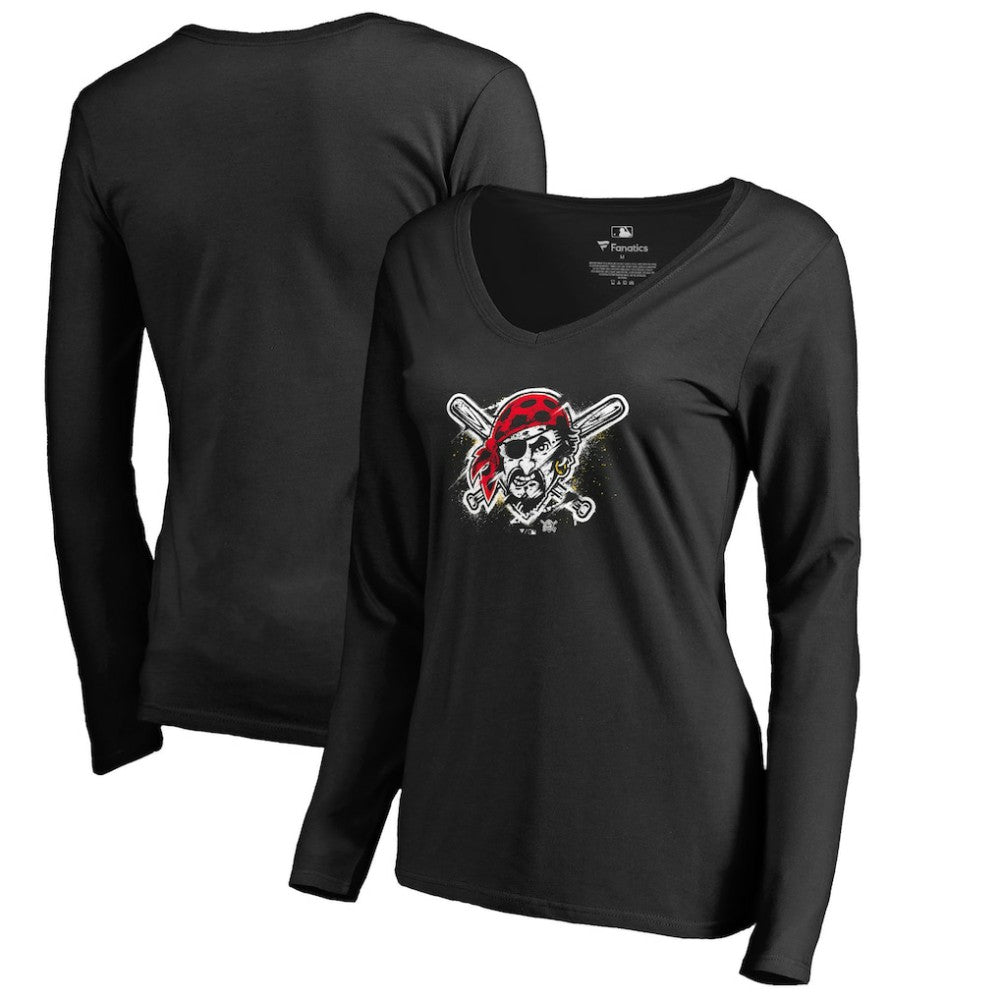 Pittsburgh Pirates Women's Splatter Logo Long Sleeve V-Neck T-Shirt - Black T-shirts