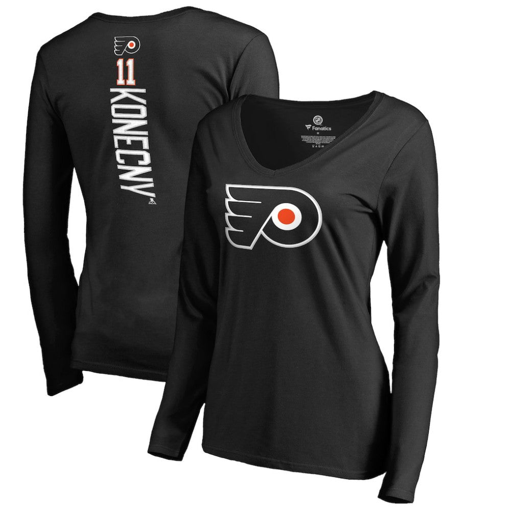 Travis Konecny Philadelphia Flyers Women's Backer Name & Number Slim Fit Long Sleeve V-Neck T-Shirt - Black | US 2975505