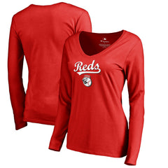 Cincinnati Reds Women's Team Lockup Slim Fit Long Sleeve V-Neck T-Shirt - Red T-shirts