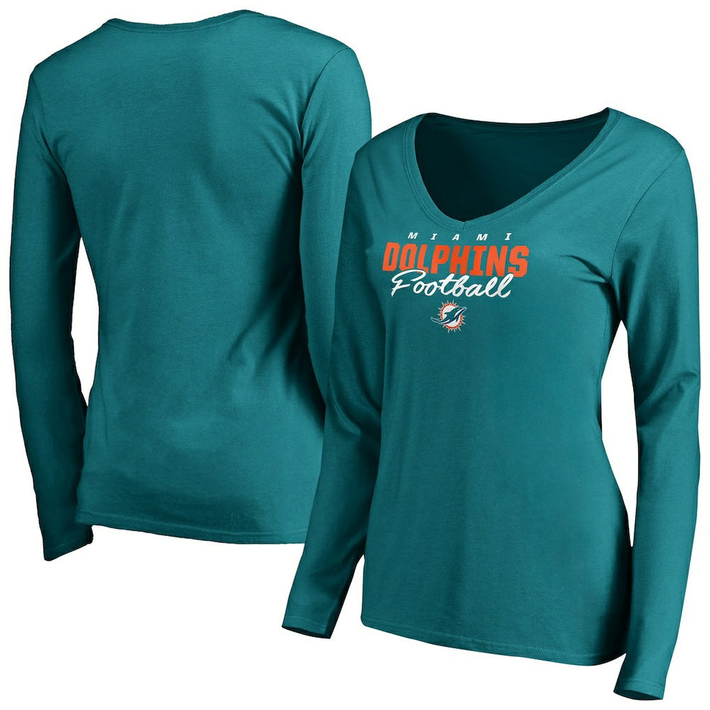 Miami Dolphins Women's Iconic Collection Script Assist Long Sleeve V-Neck T-Shirt - Aqua T-shirts