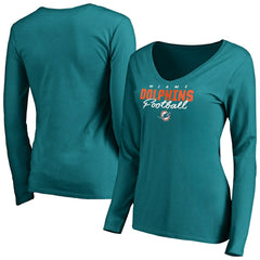 Miami Dolphins Women's Iconic Collection Script Assist Long Sleeve V-Neck T-Shirt - Aqua T-shirts
