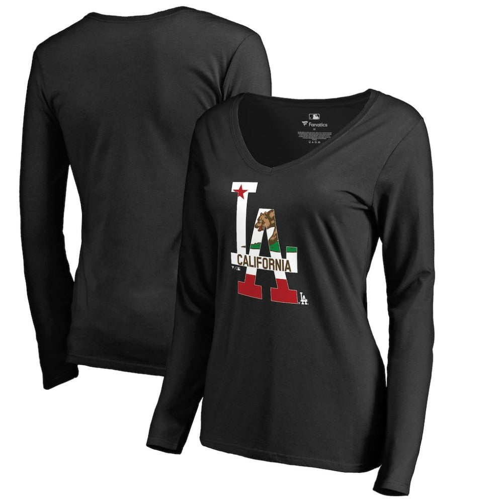 Los Angeles Dodgers Women's Hometown Collection Cali Flag Long Sleeve V-Neck T-Shirt - Black T-shirts