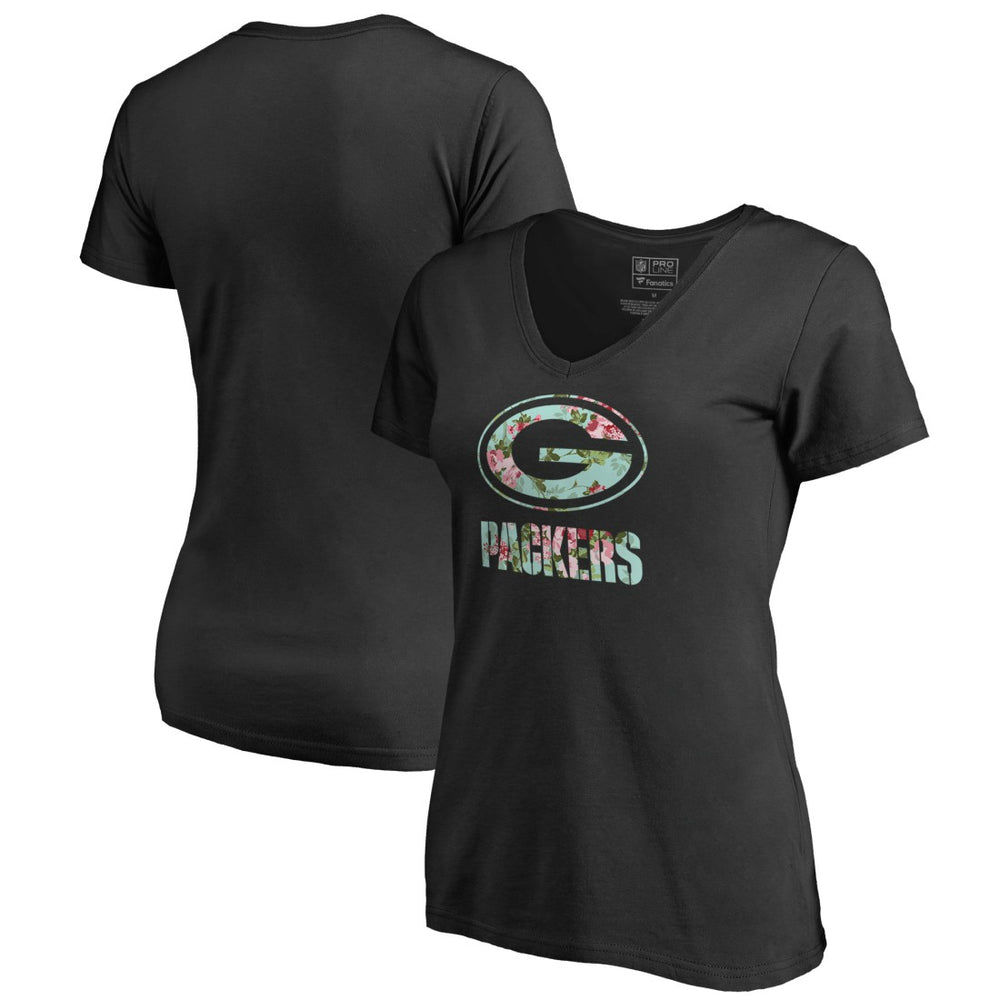 Green Bay Packers Women's Lovely V-Neck T-Shirt - Black T-shirts