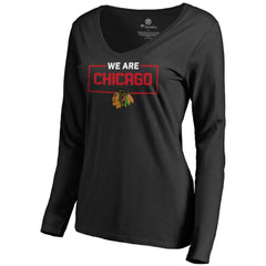 Chicago Blackhawks Women's Iconic Collection We Are Long Sleeve V-Neck T-Shirt - Black | US 3120566