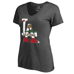 Los Angeles Dodgers Women's Hometown Collection Cali Flag T-Shirt - Heathered Charcoal T-shirts
