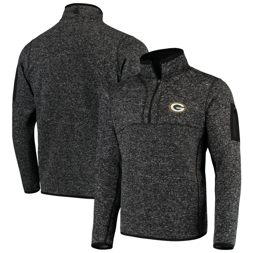 Green Bay Packers Antigua Fortune Quarter-Zip Pullover Jacket - Heather Black Pullover
