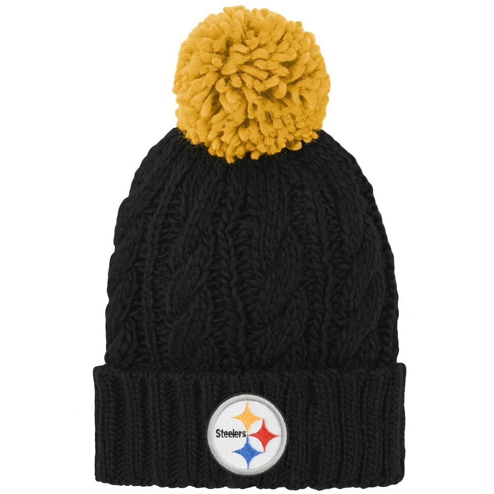 Pittsburgh Steelers Girls Youth Team Cable Cuffed Knit Hat with Pom - Black Hats