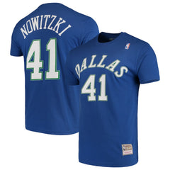 Dirk Nowitzki Dallas Mavericks Hardwood Classics Team Name & Number T-Shirt Blue - Mitchell & Ness