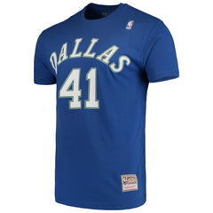 Dirk Nowitzki Dallas Mavericks Hardwood Classics Team Name & Number T-Shirt Blue - Mitchell & Ness