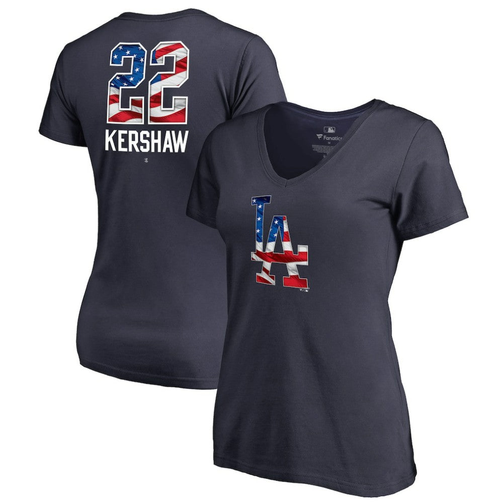 Clayton Kershaw Los Angeles Dodgers Women's Banner Wave Name & Number V-Neck T-Shirt - Navy T-shirts