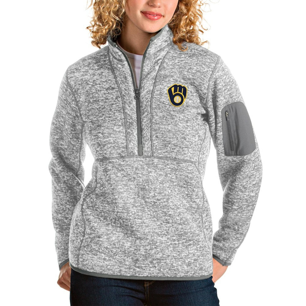 Milwaukee Brewers Antigua Women's Fortune Half-Zip Pullover Jacket - Heather Gray Jackets