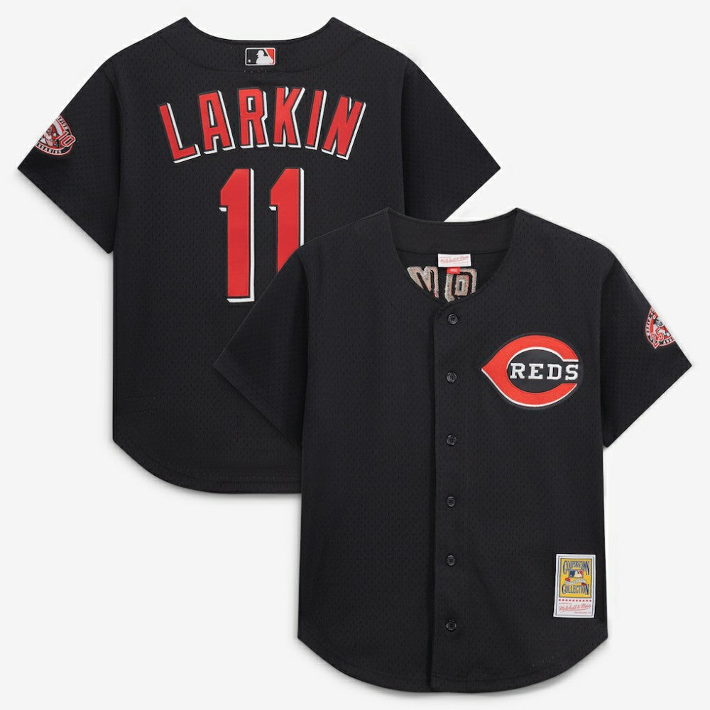 Barry Larkin Cincinnati Reds Mitchell & Ness Cooperstown Collection Mesh Batting Practice Button-Up Jersey - Black Jerseys