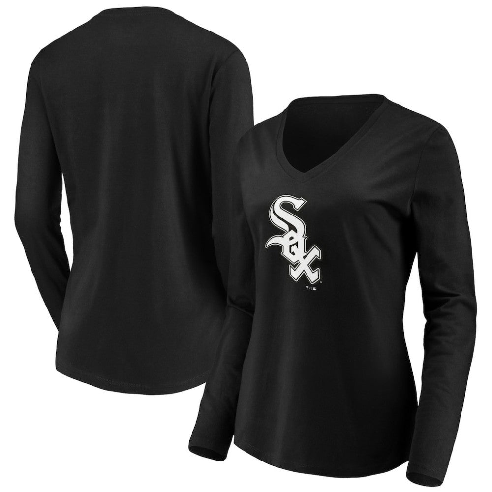 Chicago White Sox Fanatics Women's Official Logo Long Sleeve V-Neck T-Shirt - Black T-shirts