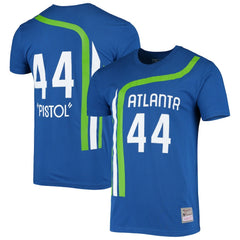 Pete Maravich Atlanta Hawks Hardwood Classics Stitch Name & Number T-Shirt Blue - Mitchell & Ness
