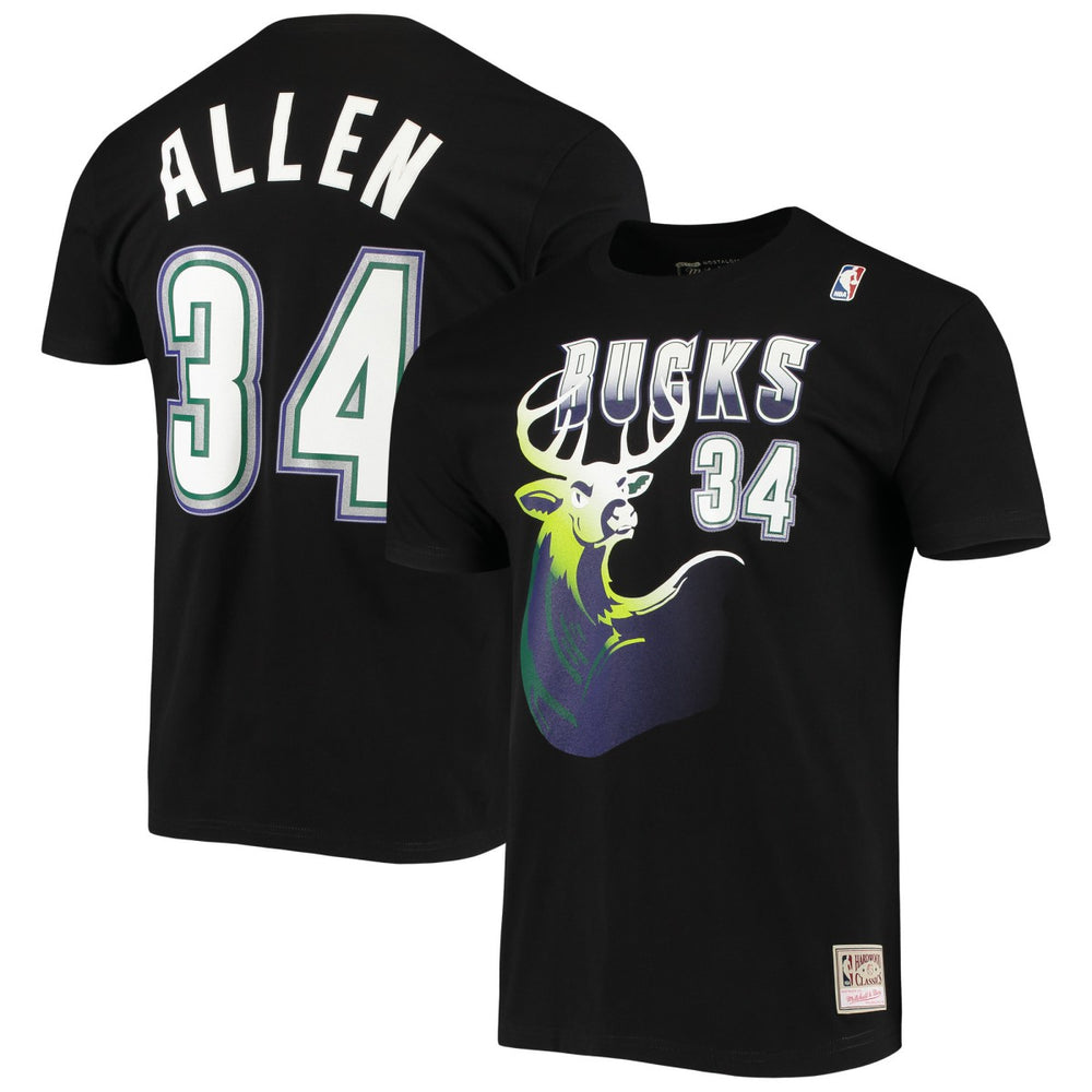 Ray Allen Milwaukee Bucks Hardwood Classics Stitch Name & Number T-Shirt Black - Mitchell & Ness