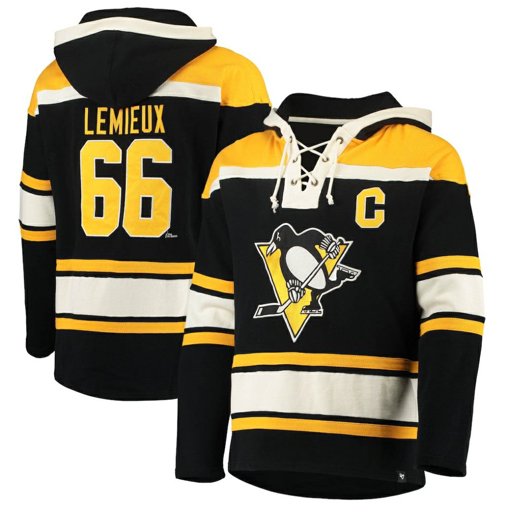 Mario Lemieux Pittsburgh Penguins '47 Retired Player Name & Number Lacer Pullover Hoodie - Black | US 3848807