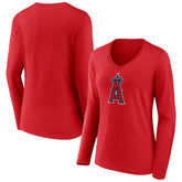 Los Angeles Angels Women's Official Logo Long Sleeve V-Neck T-Shirt - Red T-shirts