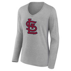 St. Louis Cardinals Women's Core Official Logo Long Sleeve V-Neck T-Shirt - Heather Gray T-shirts