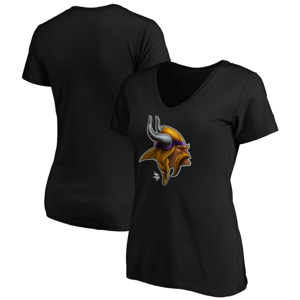 Minnesota Vikings Women's Midnight Mascot Logo V-Neck T-Shirt - Black T-shirts
