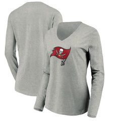 Tampa Bay Buccaneers Women's Primary Logo Long Sleeve V-Neck T-Shirt - Heather Gray T-shirts