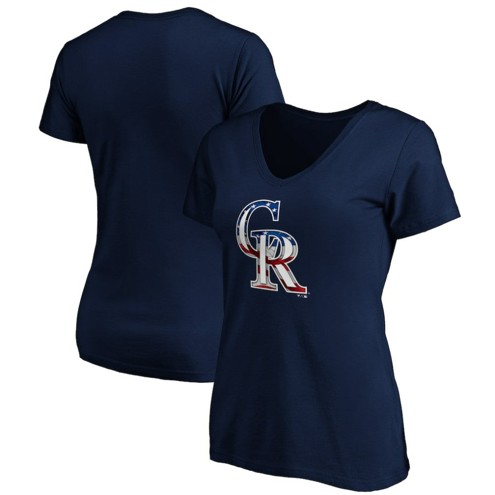 Colorado Rockies Logo Women's Banner Wave V-Neck T-Shirt - Navy T-shirts