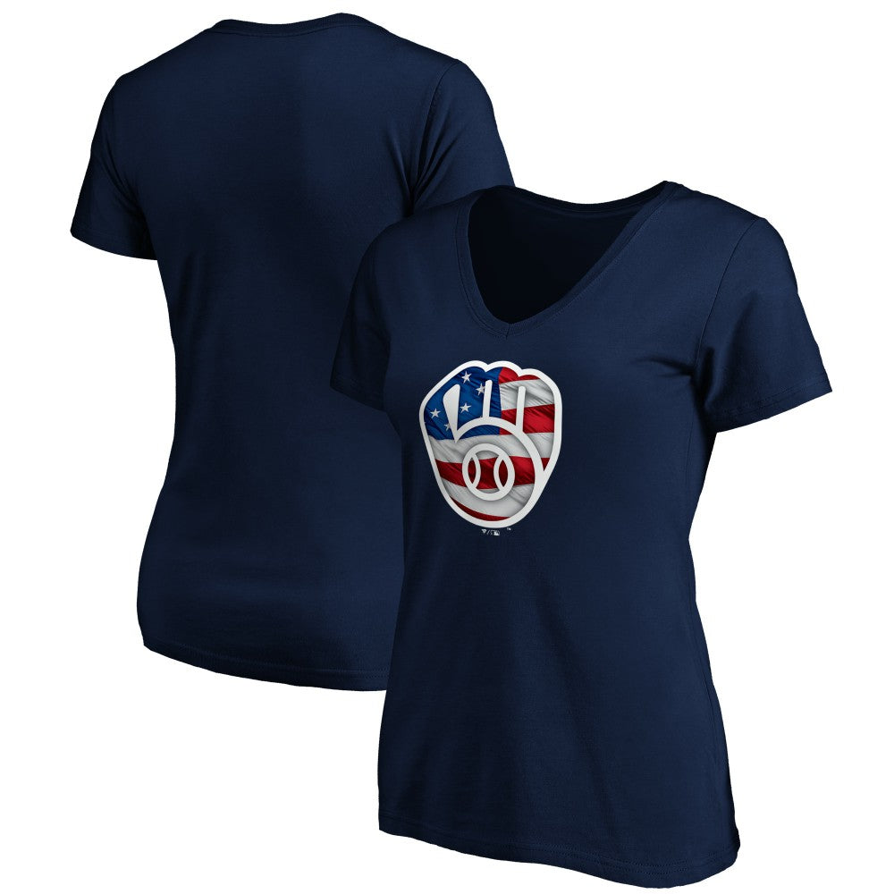 Milwaukee Brewers Logo Women's Banner Wave V-Neck T-Shirt - Navy T-shirts