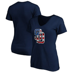 San Diego Padres Logo Women's Banner Wave V-Neck T-Shirt - Navy T-shirts