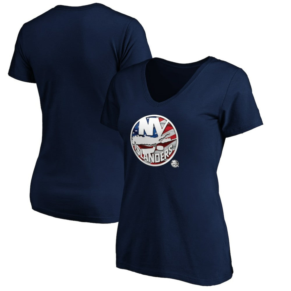 New York Islanders Women's Banner Wave Logo V-Neck T-Shirt T-Shirt - Navy | US 3930390