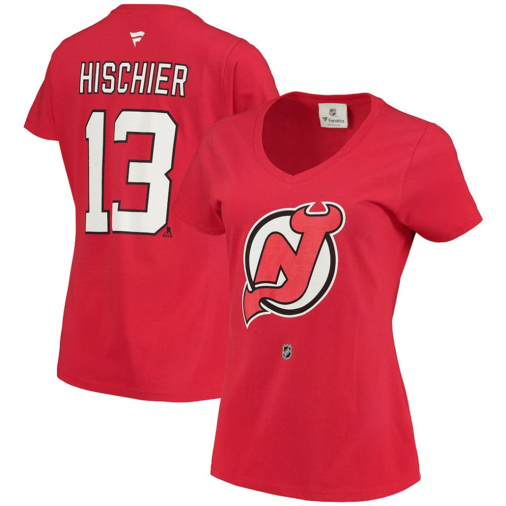 Nico Hischier New Jersey Devils Fanatics Women's Name & Number Logo V-Neck T-Shirt - Red | US 3947678