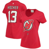 Nico Hischier New Jersey Devils Fanatics Women's Name & Number Logo V-Neck T-Shirt - Red | US 3947678