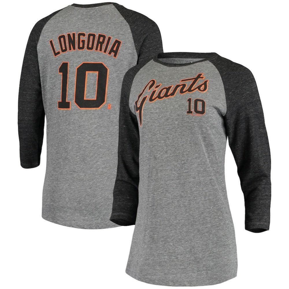 Evan Longoria San Francisco Giants 5th & Ocean by New Era Women's Script Name & Number Raglan Tri-Blend 3/4-Sleeve T-Shirt - Gray T-shirts