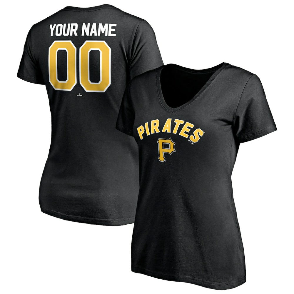 Pittsburgh Pirates Women's Personalized Winning Streak Name & Number V-Neck T-Shirt - Black T-shirts
