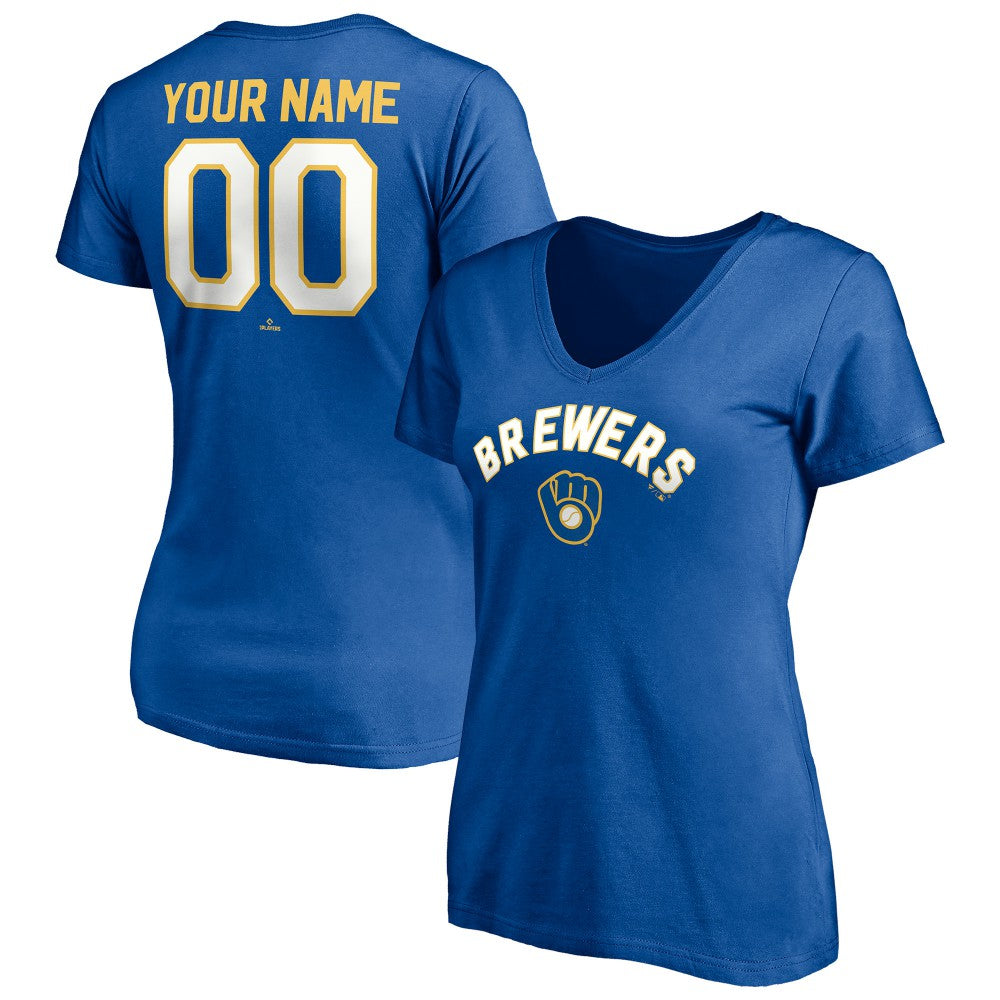 Milwaukee Brewers Women's Cooperstown Winning Streak Personalized Name & Number V-Neck T-Shirt - Royal T-shirts