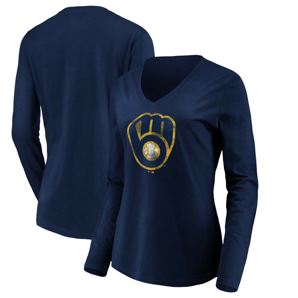 Milwaukee Brewers Women's Core Distressed Team Long Sleeve T-Shirt - Navy T-shirts