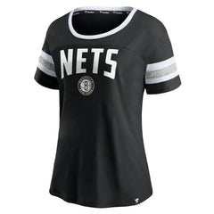 Brooklyn Nets Women's Block Party Striped Sleeve T-Shirt Black/Heathered Gray - Fanatics