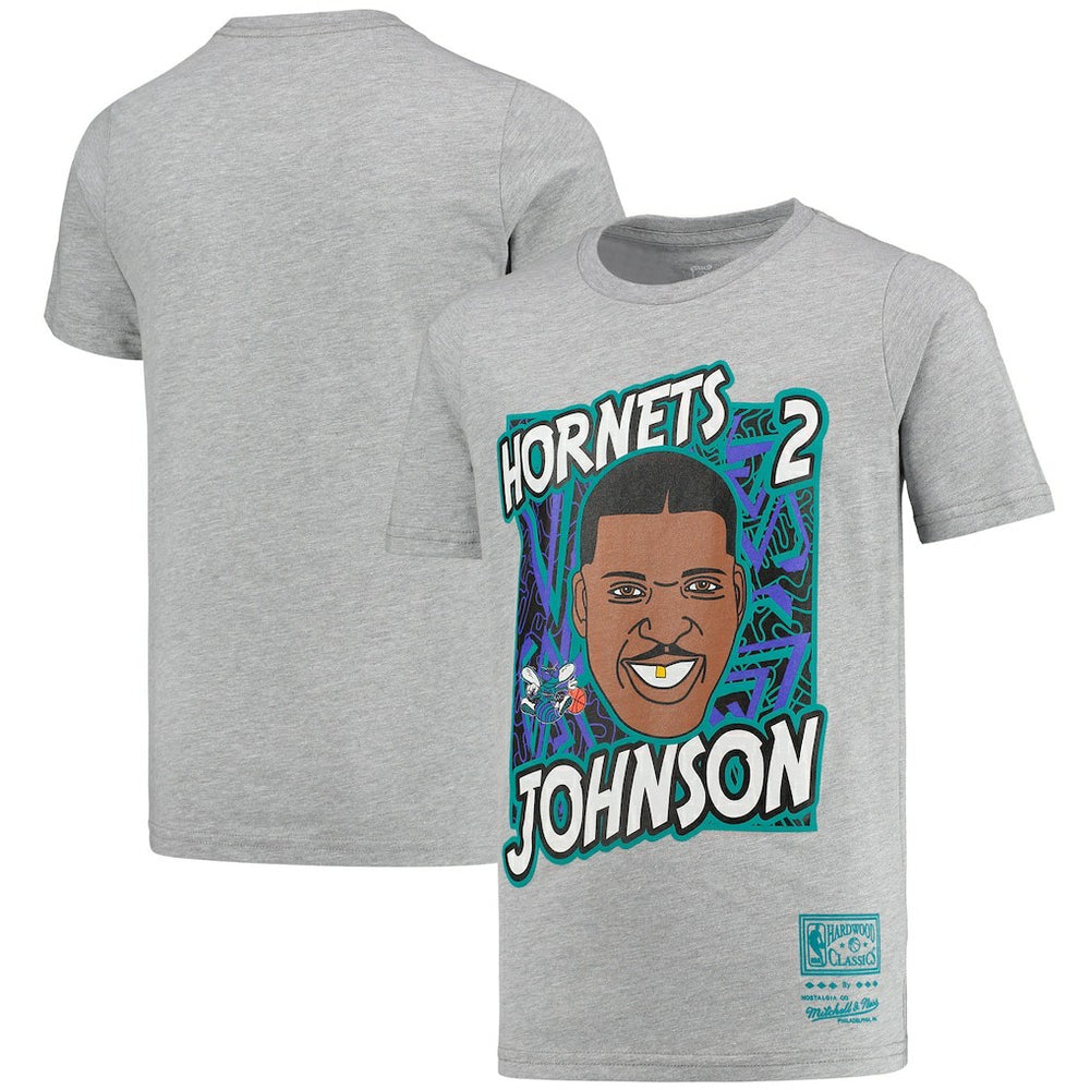 Larry Johnson Charlotte Hornets Youth Hardwood Classics King of the Court Player T-Shirt Gray - Mitchell & Ness