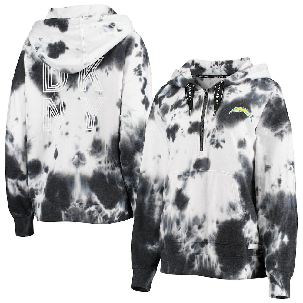 Los Angeles Chargers DKNY Sport Women's Dakota Oversized Tie-Dye Half-Zip Hoodie - White/Black Hoodies