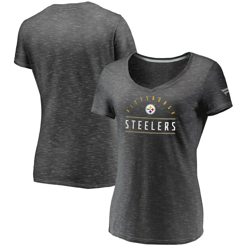 Pittsburgh Steelers Women's League Leader Space Dye V-Neck T-Shirt - Charcoal T-shirts